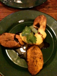 Fried plantains with mango sorbet and chocolate sauce.