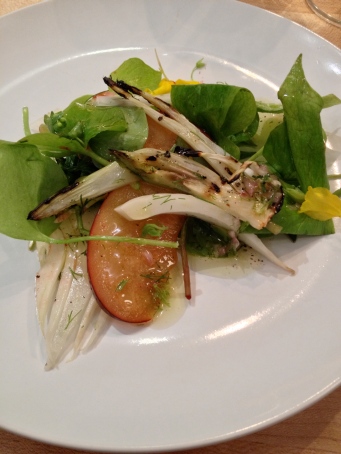 Miner's lettuce salad with plum and fennel.